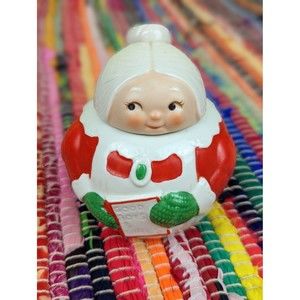 VTG 1983 AVON Glazed Porcelain Mrs Claus Trinket Box Jar  Holiday Christmas EUC